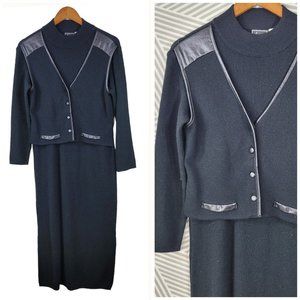 Vintage 80/90s Sweater Shirt Dress size Small Secretary Black Faux Leather Trim